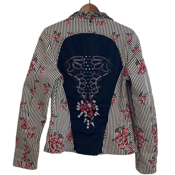 Save the Queen Blazer Womens Large Black White Red Floral Stripe Sheer Stretch - Picture 2 of 15